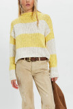Women Autumn Winter Round Neck Knitting Top Casual Striped Color Block Sweater