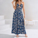 Women Summer Printed Halter Neck Lace-Up Sexy Hollow Backless Beach Maxi Dress