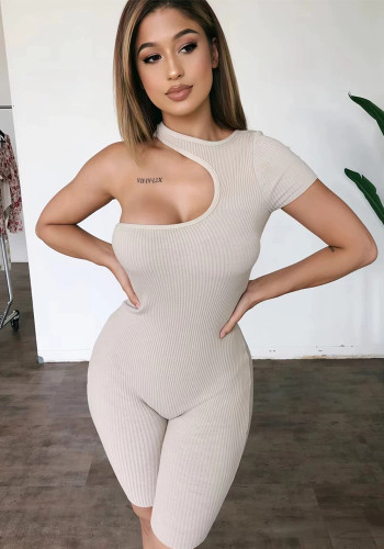 Women One Shoulder Short Sleeve Stretch Ribbed Cargo Shorts