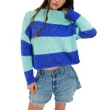 Women Autumn Winter Round Neck Knitting Top Casual Striped Color Block Sweater