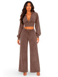 Women Washed Stand Collar Zipper Top and Drawstring Wide Leg Pants Two Piece Set