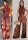 Women Sexy Halter Neck Tie Dye Print Backless Wide Leg Jumpsuit