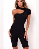 Women One Shoulder Short Sleeve Stretch Ribbed Cargo Shorts