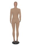 Women Fall Solid Ribbed Zipper Jumpsuit