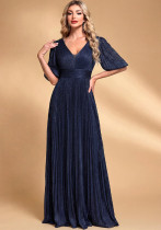 Women V-Neck Pleated Bell Bottom Short Sleeve Evening Dress Women V-Neck Pleated Bell Bottom Short Sleeve Evening Dress