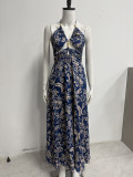 Women Summer Printed Halter Neck Lace-Up Sexy Hollow Backless Beach Maxi Dress