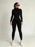 Women Fall Solid Ribbed Zipper Jumpsuit