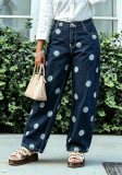 Women Polka Dot Heart Print Applique Pocket Denim Pant