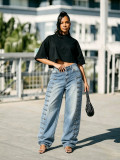 Women Side Webbing Strap Denim Pant