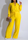 Women Button Turndown Collar Long Sleeve Top and Wide Leg Pant Two Piece Set