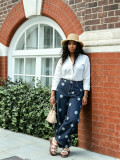 Women Polka Dot Heart Print Applique Pocket Denim Pant