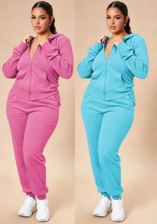 Plus Size Women Casual Hooded Top and Pants Two Piece Set