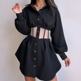 Women Mesh Patchwork See-Through Turndown Collar Long Sleeve Mini Dress