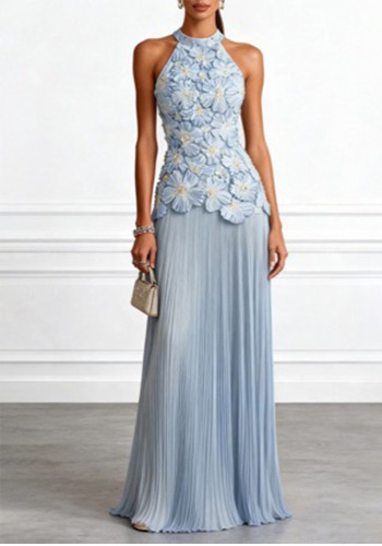 Women Halter Neck Sleeveless Pleated Dress