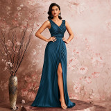 Women V-Neck High Slit Pleated Formal Party Evening Dress