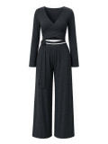 Women Casual V-Neck Long Sleeve Top and Wide Leg Pant Two Piece Set