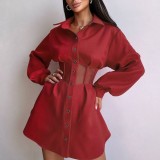 Women Mesh Patchwork See-Through Turndown Collar Long Sleeve Mini Dress