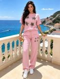 Plus Size Women Leopard Star Beaded Short Sleeve Top and Wide Leg Pants Two Piece Set