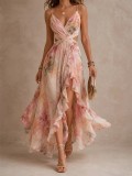 Women Summer Printed Elegant Slash Shoulder Sleeveless Dress