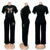 Plus Size Women Beaded Bow Short Sleeve Top and Pant Casual Two Piece Set