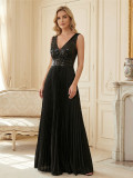 Women Black V-Neck Sleeveless Sequin Pleated Evening Dress