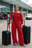 Women Off Shoulder Top and Wide Leg Pants Casual Two Piece Set