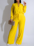 Women Button Turndown Collar Long Sleeve Top and Wide Leg Pant Two Piece Set