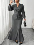 Plus Size Women V-Neck Cross Knot Long Sleeve Top Mermaid Skirt Two Piece Set