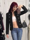 Women Chinese Style Double Row Frog Buttons Stand Collar Black Coat