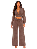 Women Washed Stand Collar Zipper Top and Drawstring Wide Leg Pants Two Piece Set