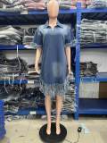 Women Fall Casual Tassel Denim Dress