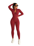 Women Fall Solid Ribbed Zipper Jumpsuit