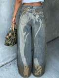 Women Skull Print Washed Denim Pant