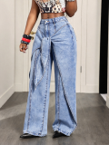 Women Fake Two-Piece Irregular Streamer Denim Wide Leg Pant