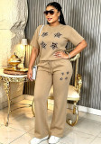 Plus Size Women Leopard Star Beaded Short Sleeve Top and Wide Leg Pants Two Piece Set