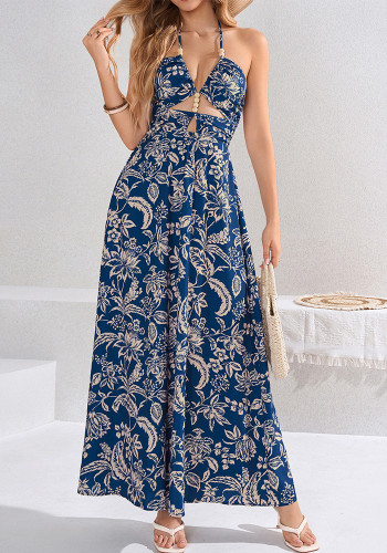 Women Summer Printed Halter Neck Lace-Up Sexy Hollow Backless Beach Maxi Dress