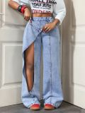 Women Irregular Slit Fake Two-Piece Denim Wide Leg Pant