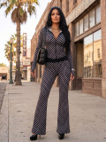 Women’s Fall Winter Printed Long Sleeve Slim Fit Stretch Casual Two-Piece Pants Set