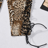 Women’s Color Block Drawstring Leopard Print High Stretch Casual Knee-Length Shorts