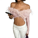 Women’s Fall Solid Color Furry Knot Sexy Off Shoulder Open Waist Slim Fit Long Sleeve Top