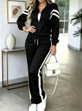 Women’s Spring Fall Fashion Casual Color Block Jacket and Pants Two-Piece Set