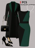 Women’s Spring Fall Color Block Blazer and Dress Casual Two-Piece Set
