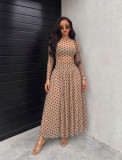 Women’s Fall Chic Polka Dot Two-Piece Set High Waist Slim Fit Mesh Long Sleeve Top and Mini Skirt
