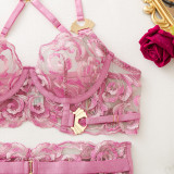 Women’s Pink Floral Embroidered Shell Button Shaping Slim Fit Sexy Two-Piece Lingerie Set