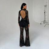 Women’s Floral Flocked Mesh Mock Neck Long Sleeve See-Through Flare Leg Jumpsuit