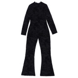 Women’s Floral Flocked Mesh Mock Neck Long Sleeve See-Through Flare Leg Jumpsuit