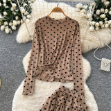 Women’s Fall Chic Polka Dot Two-Piece Set High Waist Slim Fit Mesh Long Sleeve Top and Mini Skirt