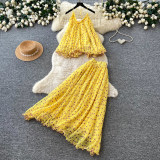 Women’s Fall Holiday Yellow Polka Dot Strap High Waist Slim Fit Two-Piece Top and Mini Skirt Set