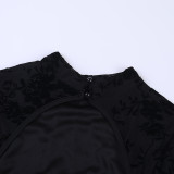 Women’s Floral Flocked Mesh Mock Neck Long Sleeve See-Through Flare Leg Jumpsuit