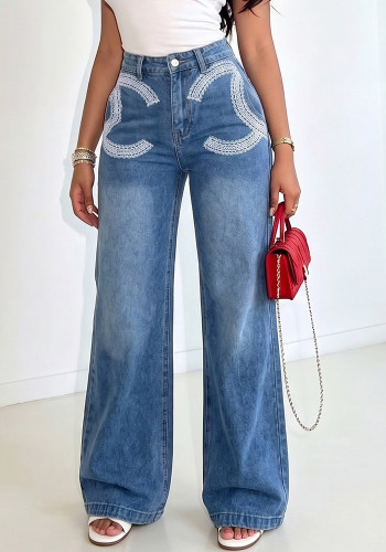 Women’s Fall High Waist Loose Wide Leg Embroidered Straight-Leg Denim Jeans